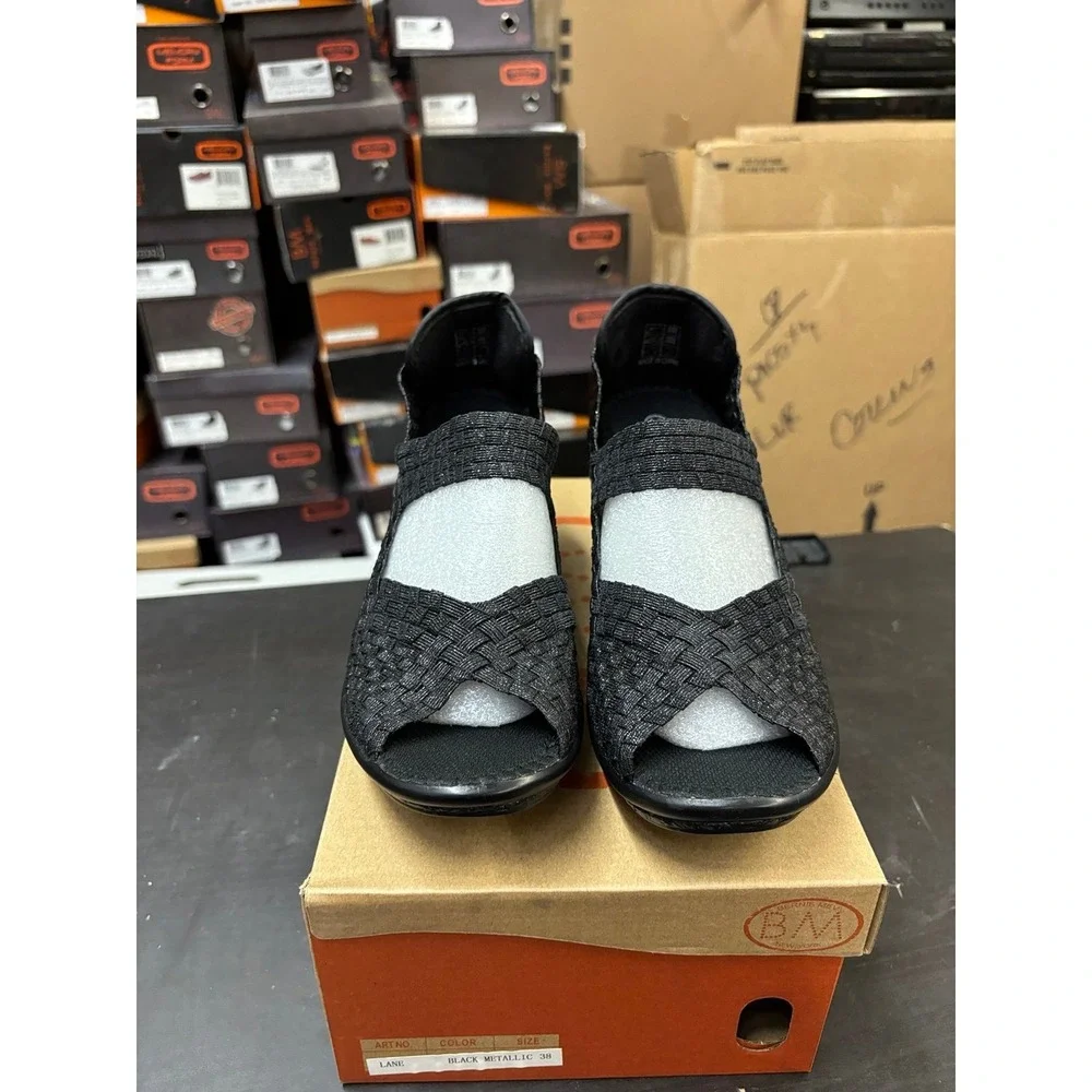 Bernie Mev Lane Black Metallic Woven Wedge Sandals Womens Size 38 US 7.5-8